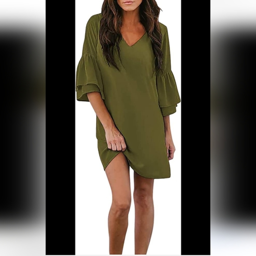 Belongsei sz 2 Olive Green Shirt Dress with Ruffled Sleeves